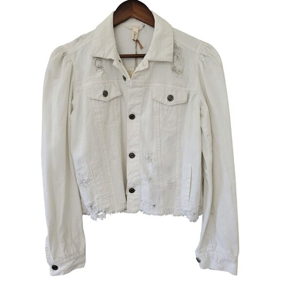 Elan Distressed Button Up Denim Jean Jacket Frayed Hem Womens Size S White NWT - Picture 1 of 11